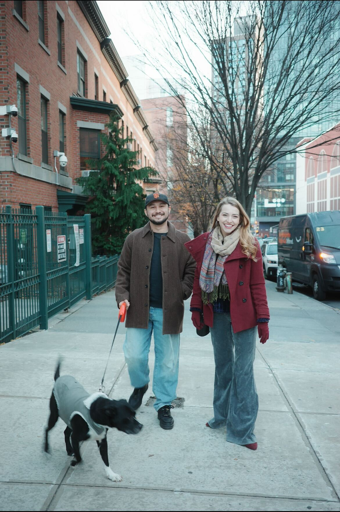 Nick and Ren walking their dog in Brooklyn